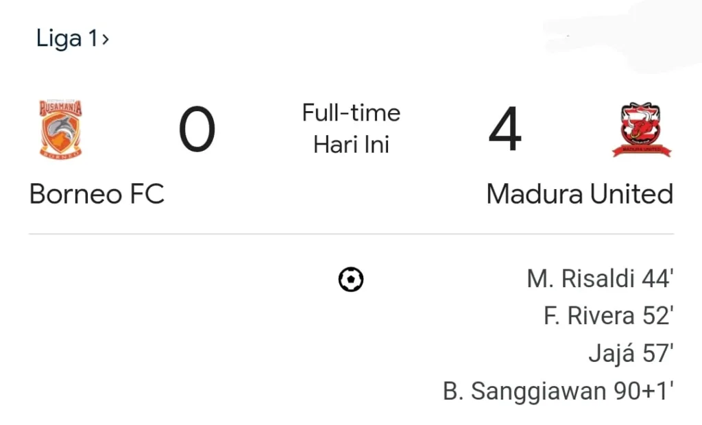 Kemenangan Telak Madura United atas Borneo FC dengan skor 4-0.